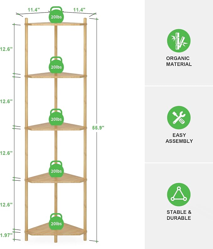Wisuce Natural Tall Corner Shelf Stand, 5-Tier Bamboo Corner Bookshelf | Space-Saving Narrow Corner Shelf | Bathroom Corner Shelf | Shelves for Bedroom, Living Room, Kitchen & Plant Display