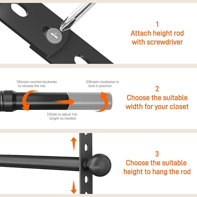 SUTINE Closet Rods for Hanging Clothes, Adjustable Metal Closet Extender Hanging Rod, Space-Saving Closet Rod Extender Clothes Hanging Bar, Closet Poles for Hanging Clothes (Black, 15.7-31.5 IN)