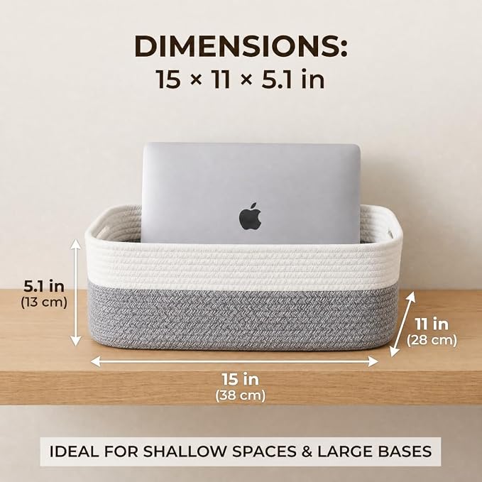 Large Shallow Basket, 15"x11"x5.1", Baskets for Organizing 2 Pack | Shallow Storage Basket for Organizing, Shelves, Living Room, Nursery, Bathroom, Cotton Rope Basket Organizer, Small Baskets