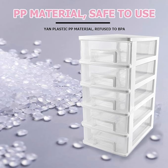 5 Tier Plastic Drawer Type Closet,Portable Storage Cabinet Sundries Storage Cosmetics Jewelry Storage Box for Home Office（White）
