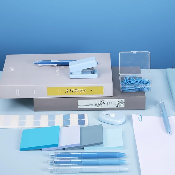 Mini Blue Office Supplies Kit Blue School Supplies Christmas Gift Desk Accessories with Gel Pens Sticky Notes Stapler Scissor Paper Clips Index Tabs Box Cutter for Christmas Gifts Office