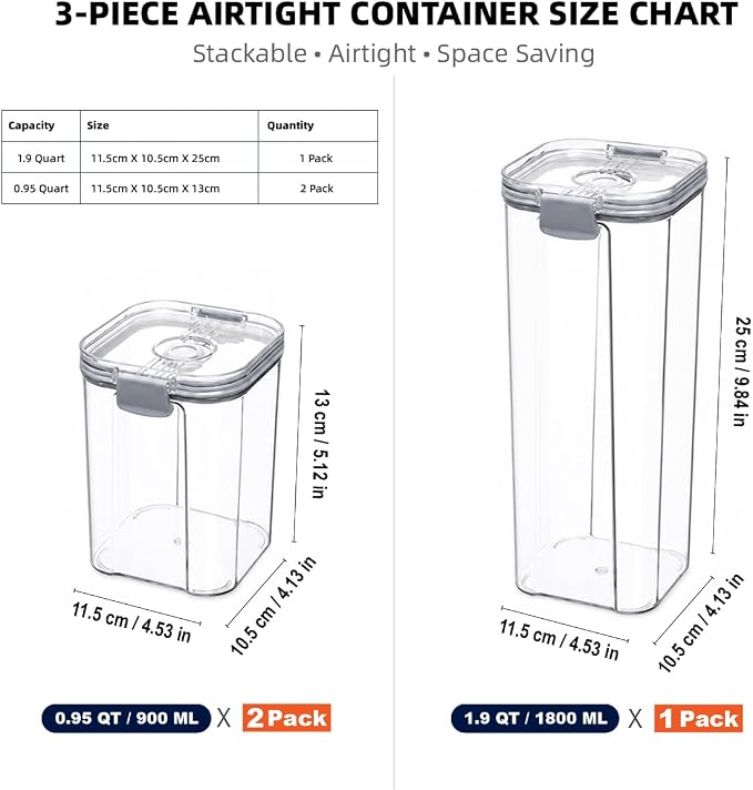 3-Piece Vacuum Seal Food Storage Containers with Pump, Airtight Clear Plastic Canister Set, Stackable Pantry Organizer (1.9 QT, 0.95 QT*2)