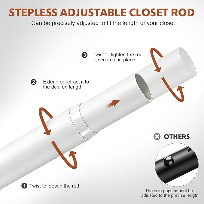 Closet Rods for Hanging Clothes, 17-70 Inch Stepless Adjustable Closet Rod, 1.3 Inch Heavy Duty Metal Clothes Hanging Rod, Expandable Closet Bar Hanger Rod for Closet Wardrobes Laundry RV White