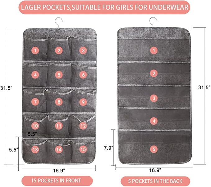 Bseash Enlarged Closet Hanging Bra Organizer with Rotating Metal Hanger, Dual Sided Wall Shelf Wardrobe Mesh Pockets Hanging Storage Bag for Bra Socks Underwear Underpants