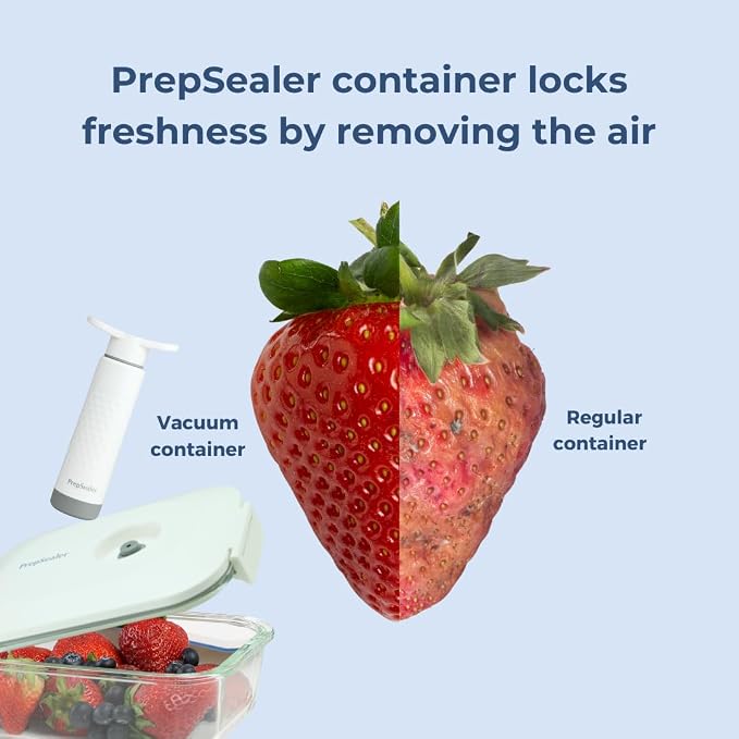 PrepSealer Food-Saving Glass Vacuum Container with manual hand pump. Everyday keep food fresh, Meal Prep, Marinade, Borosilicate Glass (PS-GVC-1L-Wh).