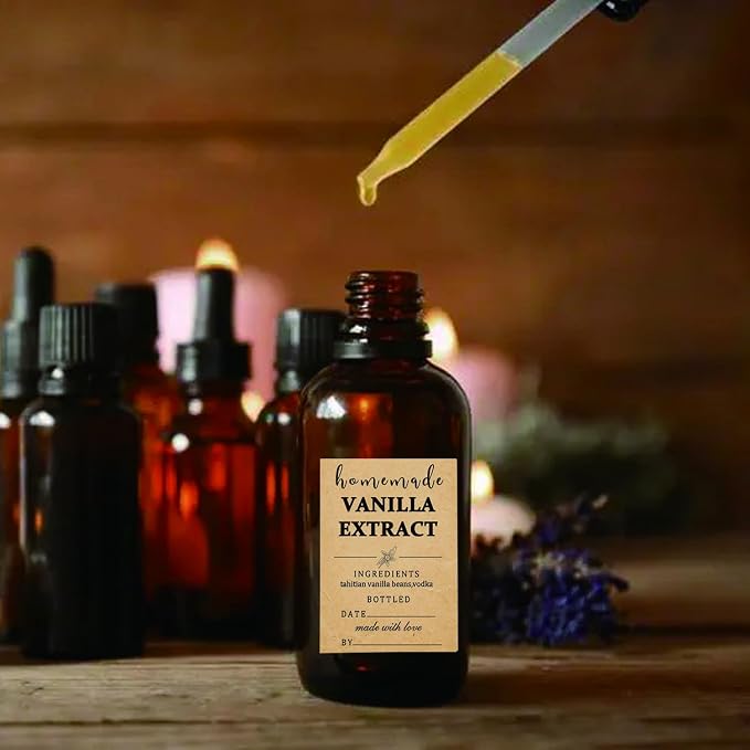 48 Pack Kraft Homemade Vanilla Extract Stickers 1.5×2 inch Square Personalized Vanilla Instruction Labels for Handcrafted Bottles,Jar Kitchen Pantry