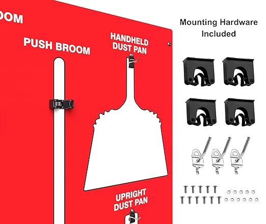 Clean & Sweep 5S Shadow Board/Wall Mount Broom Holder, 68" x 30" Board, 5S Cleaning Station - with Broom and Dustpan Set Included, Made in The USA by AccuformNMC, Red/White, PSB116RDWT