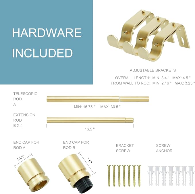 Byondeth Curtain Rods for Windows 16 to 88 Inches Adjustable Length 1 Inch Diameter Window Curtain Rod with Aluminium Finials, Warm Gold