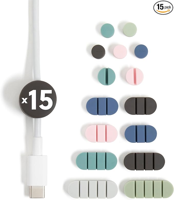 U Brands Tech Classics Silicone Cable Organizer Clips 15 Pack, Cord Management Clips in Assorted Colors, Adhesive Cable Holders for Desk, Office, and Travel Organization