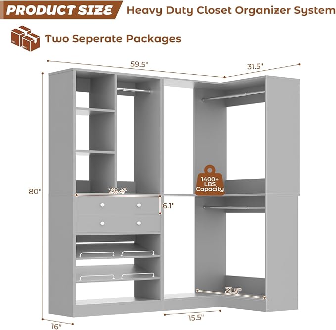 Besiost Closet System with 2 Drawers, 3 Hanging Rods, 59.5" * 31.5" Closet Organizer System with Corner Tower, Reversible L Shaped Walk-in Closet System, Corner Closet System Set of 2, Morandi Grey