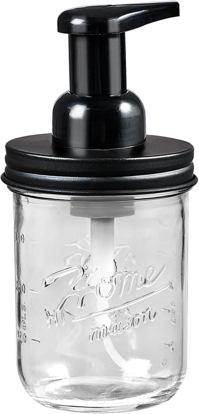 SheeChung Mason Jar Foaming Soap Dispenser, Glass Foaming Hand Soap Dispensers, Stainless Steel Lid, Refillable Foam Soap Dispenser for Bathroom Kitchen, Farmhouse Bathroom Decor (1 Pack, Black)