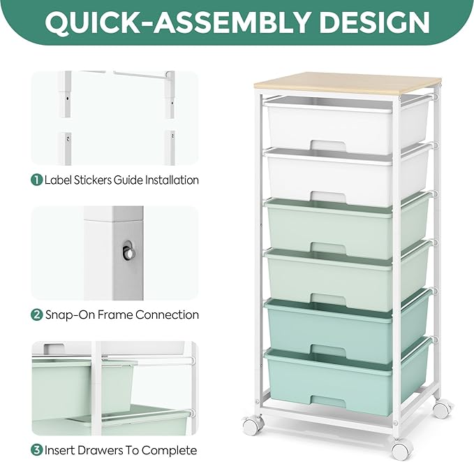 Rolling Storage Cart with 6 Drawers and Wooden Tabletop, Lockable Wheels Utility Cart for Art Studios, Office Supplies & Craft Room Organization (Green)