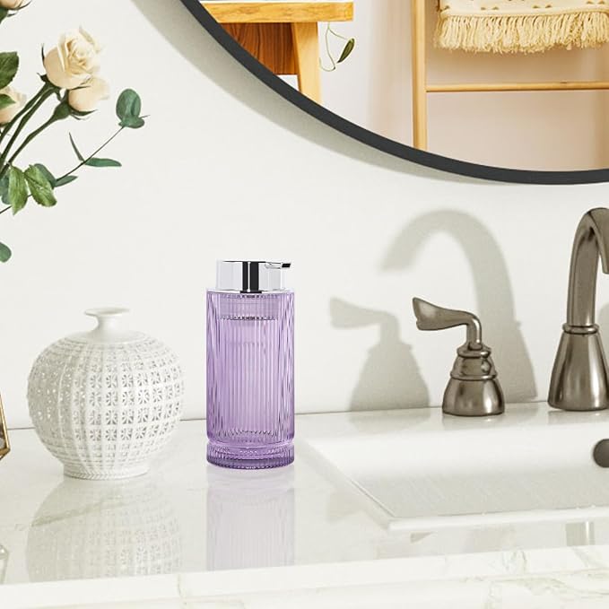 Foaming Soap Dispenser, Purple Glass Foam Soap Dispenser with Silver Pump, 14 Oz Bathroom Refillable Liquid Lotion Pump Ribbed Bottle Container for Kitchen Countertop Decor