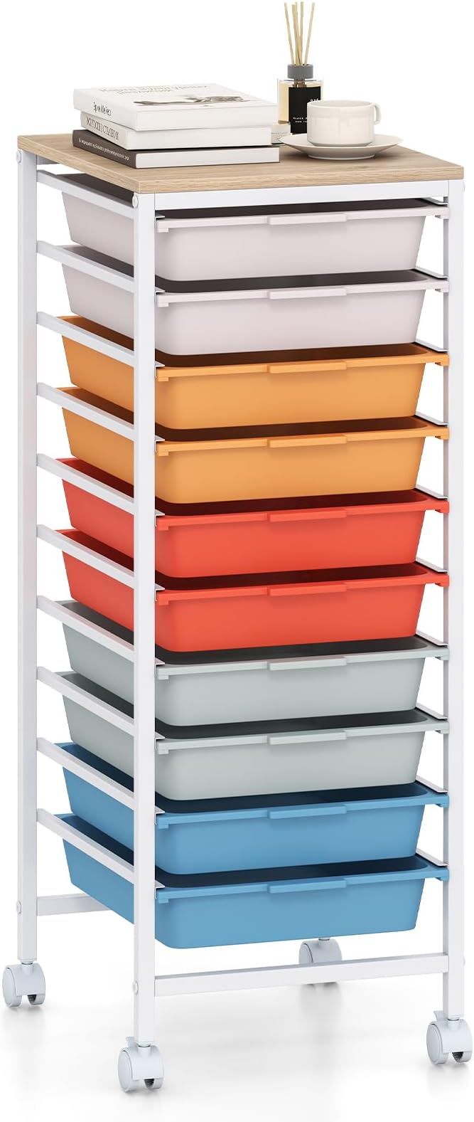 GOFLAME 10-Drawer Rolling Storage Cart, Craft Storage Cart with Wooden Tabletop and Lockable Wheels, Art Cart Supply Storage Organizer with Metal Frame for Home Office Classroom, Macaron Color