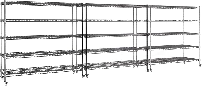 5 Tier Wire Shelving 3 Pack | 55”W Storage Shelves Heavy Duty | Rolling Wire Rack with Wheels | 3250 LBS Metal Shelving | Garage Shelving Units and Storage | Adjustable Layer Height | 55”W×18”D×73”H
