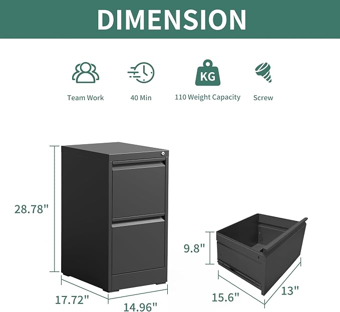 2 Drawer File Cabinet with Lock,Metal Vertical Filing Cabinets for Home Office,Heavy Duty File Storage Cabinet for Letter/Legal/A4/F4 Size File,Assembly Require (Black, Vertical 2 Drawer)