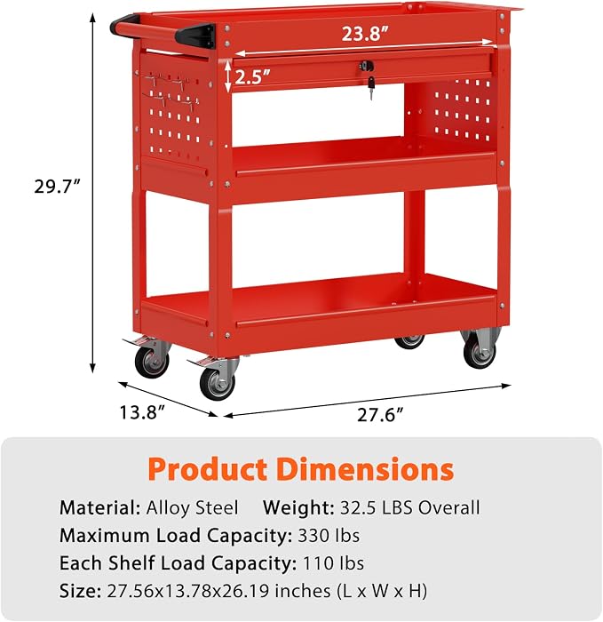 3 Tier Heavy Duty Rolling Tool Cart with Drawers, Large Storage Utility Cart on Wheels for Garage, Warehouse, Repair Shop (Red)