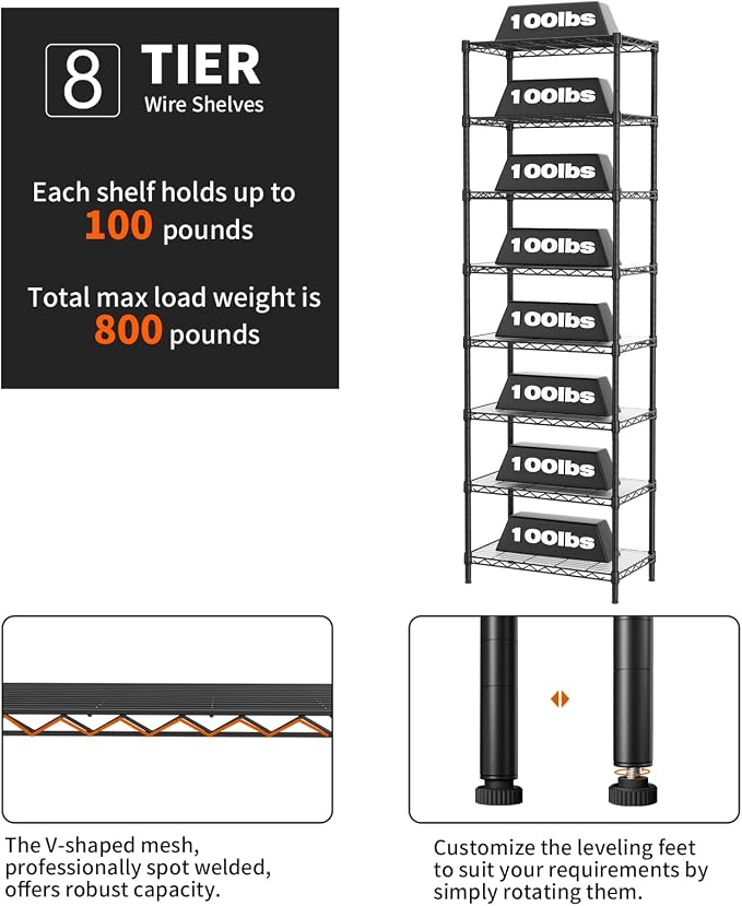 SINGAYE 8 Shelves Storage Wire Shelf Closet Metal Shelving Pantry Wheels | Shelf Bathroom Organizers Metal Kitchen Garage Shelving Unit Laundry Room Organization Home Rack Net Basket with Wheels