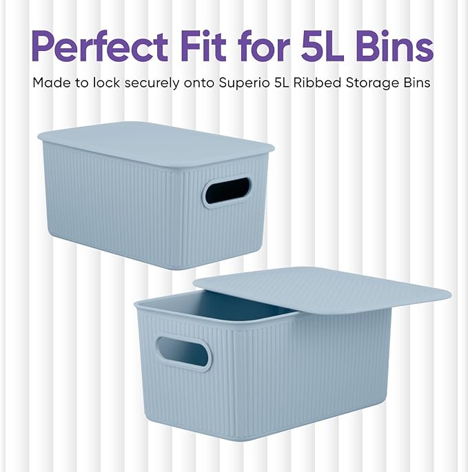 Superio Ribbed Collection - Decorative Plastic Basket Open Home Storage Bins Organizer, Blue (Parent) Container Boxes for Organizing Closet Storage Bins for Shelves (Lid - Medium (5 Liter), 6 Pack)