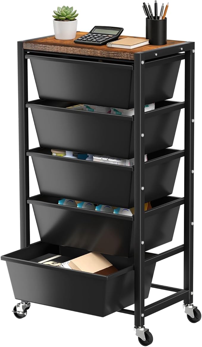 Rolling Cart with 5 Drawers, Plastic Drawer Storage Carts with Wheels & Wooden Tabletop, Metal Utility Cart for Office Bedroom Living Room Classroom, Craft Organization and Storage, Black