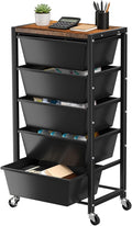 Rolling Cart with 5 Drawers, Plastic Drawer Storage Carts with Wheels & Wooden Tabletop, Metal Utility Cart for Office Bedroom Living Room Classroom, Craft Organization and Storage, Black