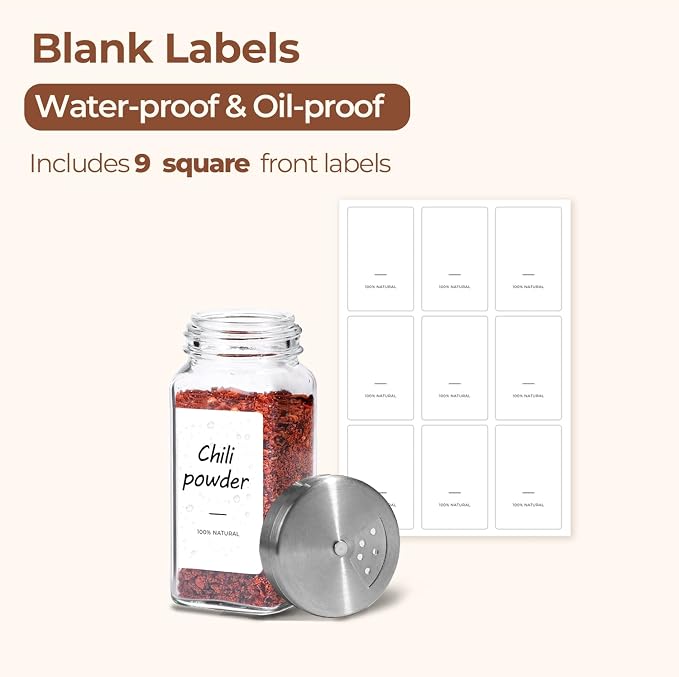 ComSaf Glass Spice Jars with Shaker Lids 4 oz 6 Pack Square | Labels, Seasoning Herbs Powders, Salt Pepper Chili, Spice Rack Organization, Kitchen Cabinet Storage, Funnel Included