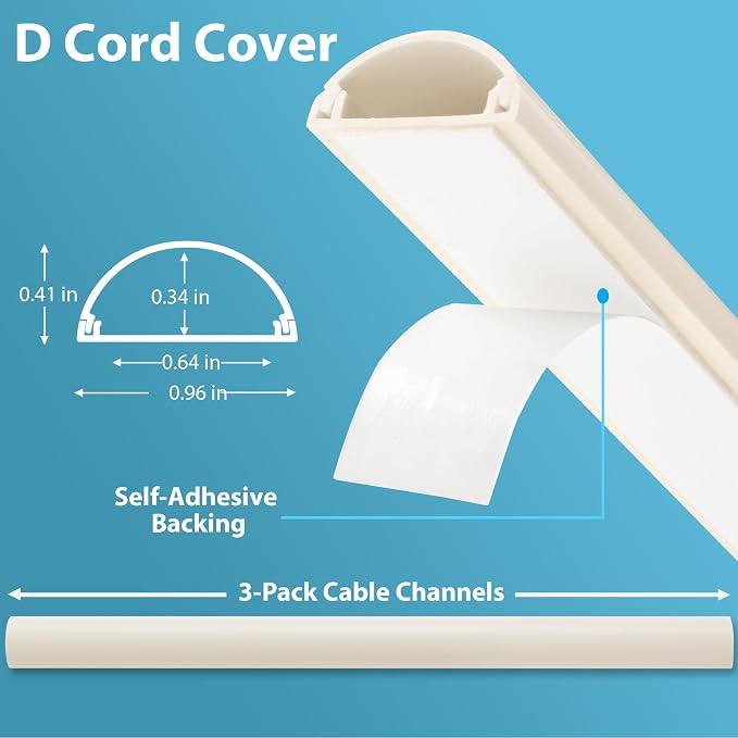 ZhiYo 42.5in Cord Covers for 1-2 Wires on Wall, 1" W x 0.4" H, Beige | Curved Design, Low-Profile Cord Hider, Self-Adhesive Cable Management Raceway for Wall-Mounted TV Wires, 3 Pack (14.2" Each)