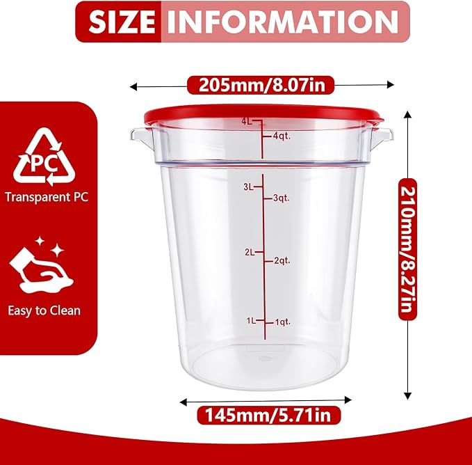 4-Pack Food Storage Containers with Lids,Round Plastic Containers for Kitchen, Food Grade, BPA-Free, Stackable, Clear Red Storage Buckets (Red, 4L)