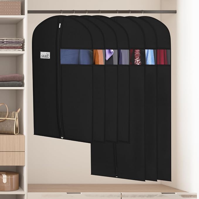 Univivi 60 Inch Long Garment Bags for Hanging Clothes, 5 Pack, Black | Breathable Dress Bag, Dustproof Hanging Garment Bag, Clear Window and ID Card Holder for Coats, Dresses