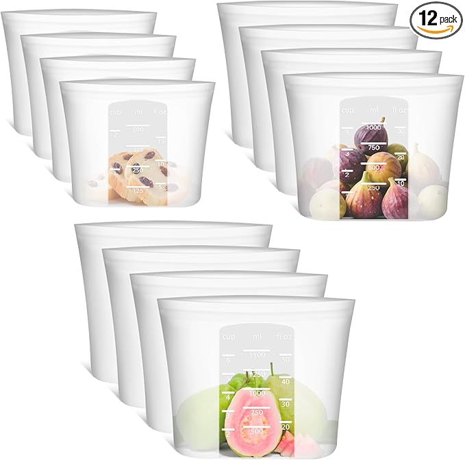 12-Pack Reusable Silicone Food Storage Bags, 100% Silicone Stand-Up Wide-Open Zip-Lock Reusable Storage Bags for Food, Freezer Microwave Oven Dishwasher Safe, Translucent, 4M 4S 4XS