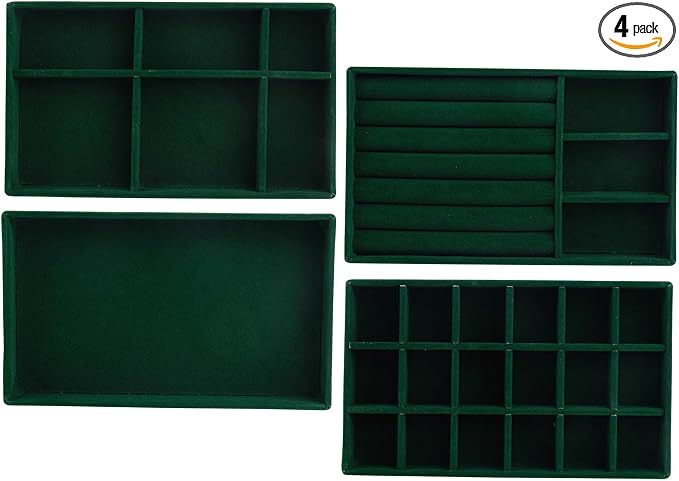 Framendino, 4 Pack Green Velvet Jewelry Trays Stackable Organizer Drawer Inserts Container Display Case for Bracelets Necklaces