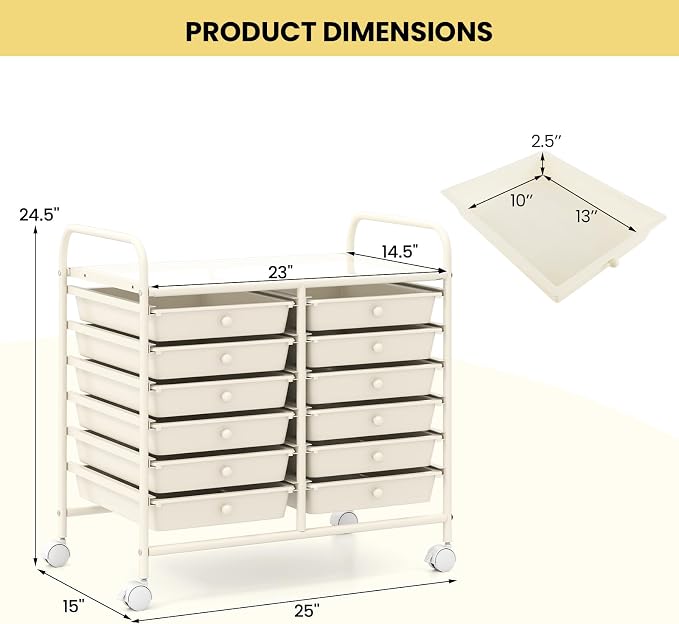 LDAILY 12 Drawer Rolling Storage Cart, Craft Cart Organizer on Wheels w/Metal Frame, Large Capacity & Smooth Drawer, Rolling Cart w/Drawers for Classroom, Office