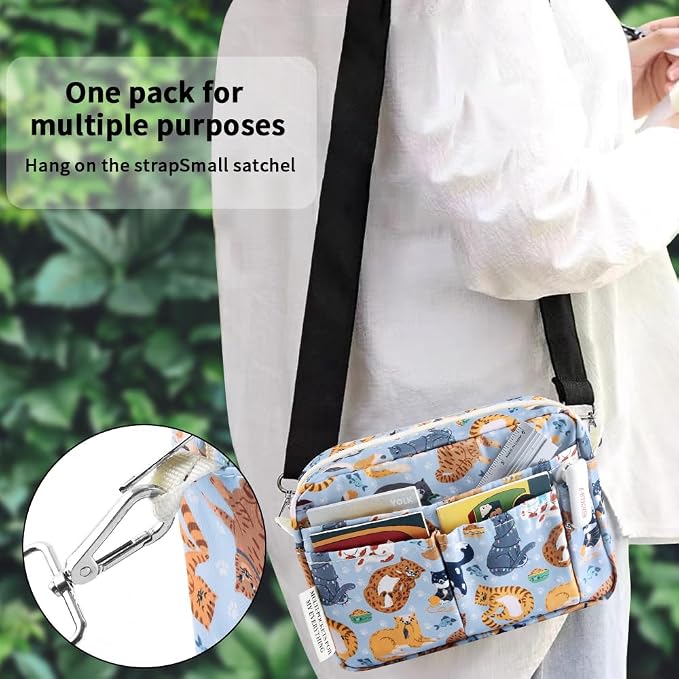 E-WEICHEN Multiple Pockets Portfolio Organizer with Zippered, Makeup Bag Travel Essentials for Women, Simple Waterproof Stationery Pencil Pouch Bag for Journal Office Art Supplies.Blue Cat