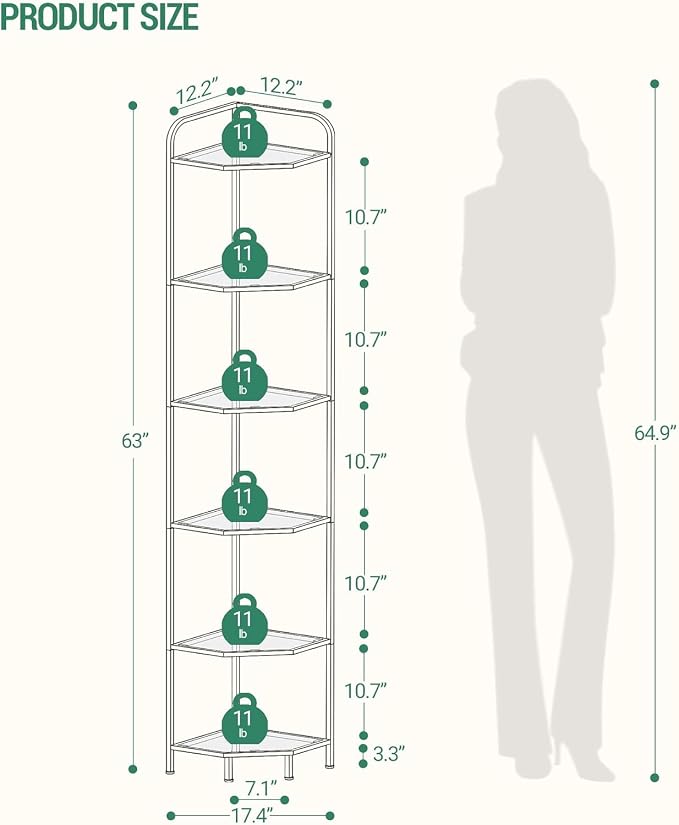 Hzuaneri Corner Shelf Stand, 6-Tier Glass Bookshelf Bookcase, Bathroom Organizer, Plant Stand, Steel Frame, Tempered Glass, Modern Style for Living Room, Bathroom, Kitchen, Golden CS90600G