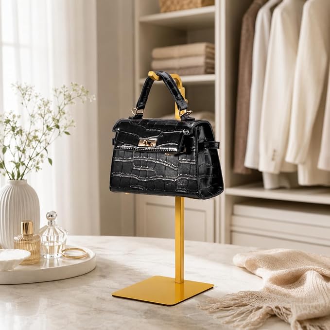 Purse Display Stand, Height-Adjustable Tabletop Handbag Holder, Multi-Use Display Rack and Banner Stand for Happy Birthday Banners, Lanterns and Wreaths, for Home, Retail and Party Use, Gold