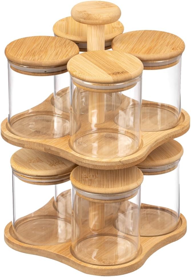 Basicwise Minimalist Two-Tier Bamboo Lazy Susan Turntable with 8 Pcs 12 oz Airtight Lid Glass Jars, Versatile Spice Rack Organizer, Perfect for Kitchen Countertops, Dining Tables, and Pantry Cabinets