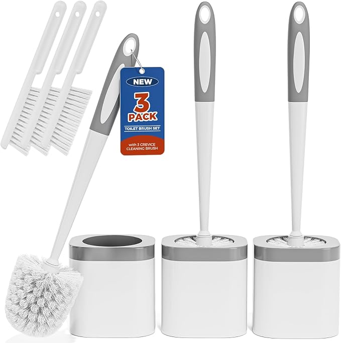 Holaloha Toilet Brush, 3 Pack Toilet Brush and Holder Set Bathroom Accessories, Toilet Bowl Brush and Holder with 3 Crevice Brush for Bathroom, Toilet Scrubber Brush (White)