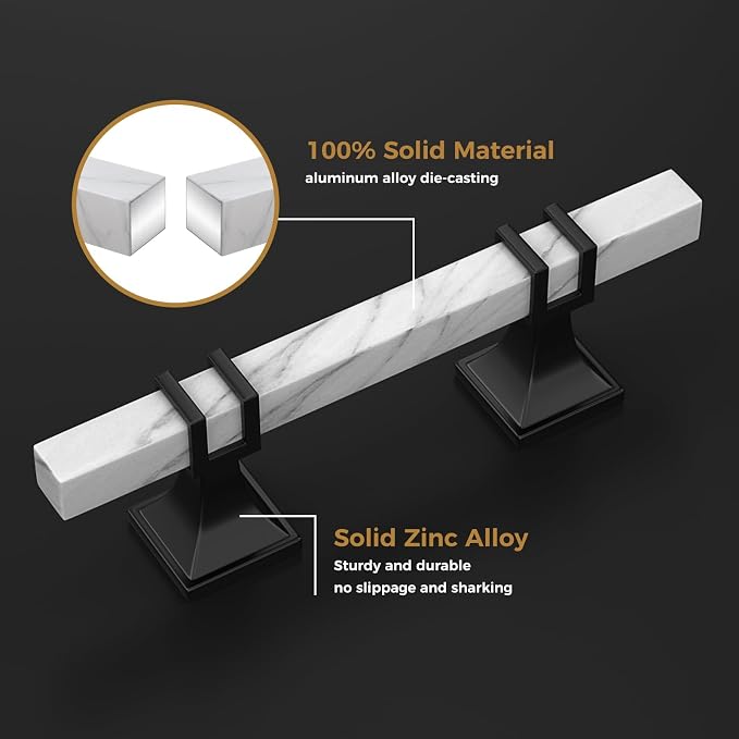 10 Pack 6-1/4 Inch White Marble Cabinet Pulls, Black Cabinet Handles Marble Grain and Black Pulls, Kitchen Cabinet Handles Square Dresser Drawer Pulls Kitchen Hardware