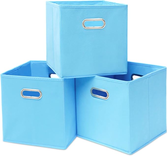 Black Fabric Cubby Storage Bins,13x13x13 Inches ,Cube Organizer Bin Foldable Storage Boxes with Dual Handles Fabric Organizer Box and collapsible Storage basket,Set of 3,Blue