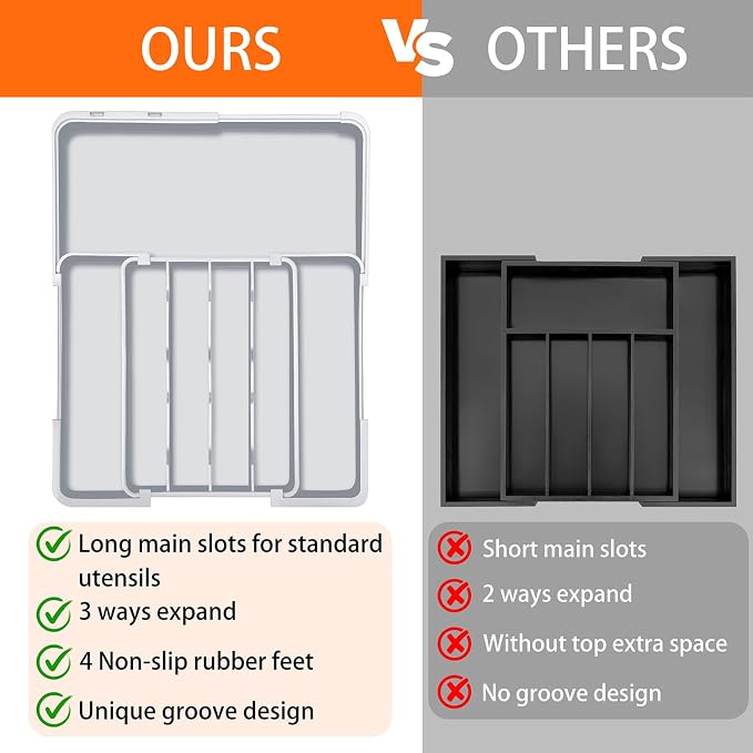 Spaclear Silverware Drawer Organizer Tray, Adjustable Cutlery Storage for Kitchen, Expandable Flatware and Utensil Holder Divider for Spoons Forks Knives Tableware, 15 x 19, 4-7 Slots, Gray