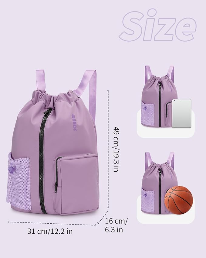 WANDF Drawstring Backpack with Shoe Compartment, Sports Gym Bag | Multi-Pocket Storage, Water-Resistant Fabric, Cinch String Bag