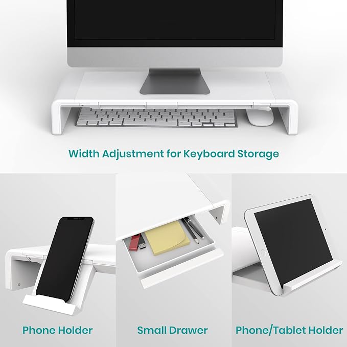 Monitor Stand Riser, Klearlook Foldable Computer Monitor Riser, Height Adjustable Computer Stand, Desk Shelf Riser with Storage Drawer & Tablet Phone Stand for Computer, Desktop, Laptop (White 2 Pack)