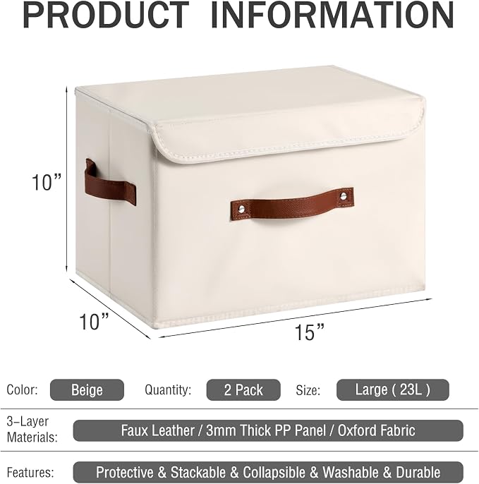 2PCS Storage Bins Box with Lids Decorative PU Leather Fabric Baskets Cubes with Handles PP Plastic Board Foldable Washable Lidded Clothing Shelf Closet Organizer Container (Beige, Large)