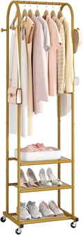 Kaitiemoo Heavy Duty Clothing Rack With Wheels,Modern Garment Rack With 3 Metal Shelves, 71.8Inches Display Rack For Hanging Clothes, Hanging Rod For Small Space,Gold
