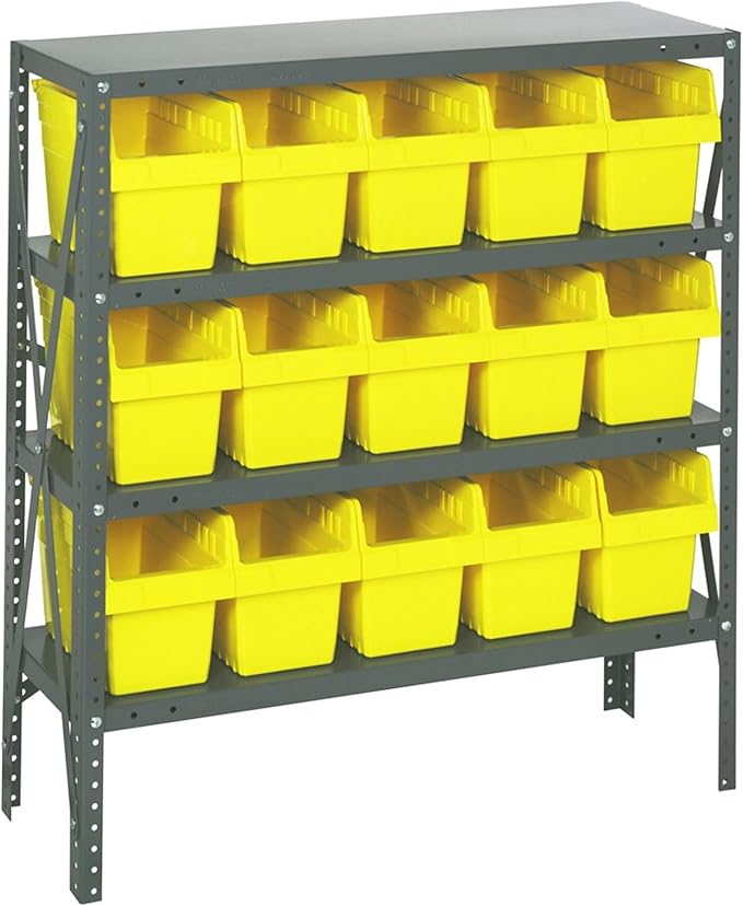 Quantum Storage Systems 1839-SB804YL Solid Heavy Duty 4 Shelves 15 STORE-MAX Yellow Bins 39" H x 36" W x 18" D