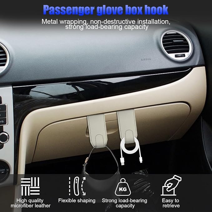 Bittwee 4PCS Car Glove Box Hooks Passenger Storage Hangers Beige | Microfiber leather, snap-in install, hangs bags umbrellas, fits most cars SUVs and trucks, car interior accessories