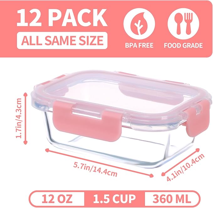 GULFLIN Small Glass Food Storage Containers 12 Pack-12oz Glass Containers with Lids for Meal Prep, Food Storage, Freezer to Microwave Safe, Air-Tight, Leak-Proof, Pink Set | Portion Control Glass Food Containers with Lids, Meal Prep, Freezer to Microwa...
