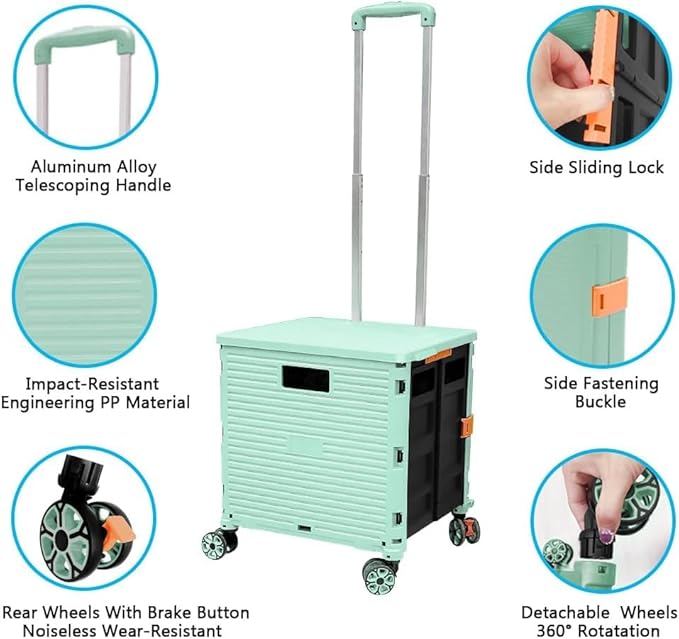 Foldable Utility Cart Portable Rolling Crate Handcart Shopping Trolley Collapsible 4 Rotate Wheels with Durable Heavy Duty Plastic Telescoping Handle for Travel Shopping Moving Storage Office Use