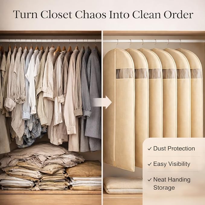 Garment Bags for Hanging Clothes, 5 Pack Non-Woven Clothes Covers | Breathable Closet Storage Bags with Clear Window, Dust Covers for Suits, Coats, Dresses, Jackets and Shirts, Beige