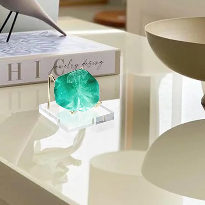 Hipiwe Metal Display Stand with Acrylic Base, Gold Business Card Holder Stand Rock Easel Stand for Fossil Coral, Mineral Rocks, Geodes, Agate Collectibles